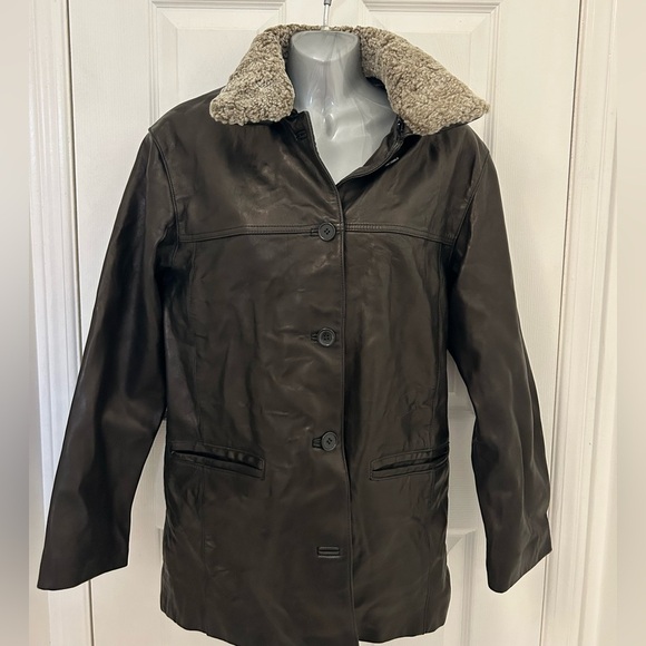 Genuine Brown Leather, Oversized Coat with Removable Sherpa Collar - Picture 1 of 11